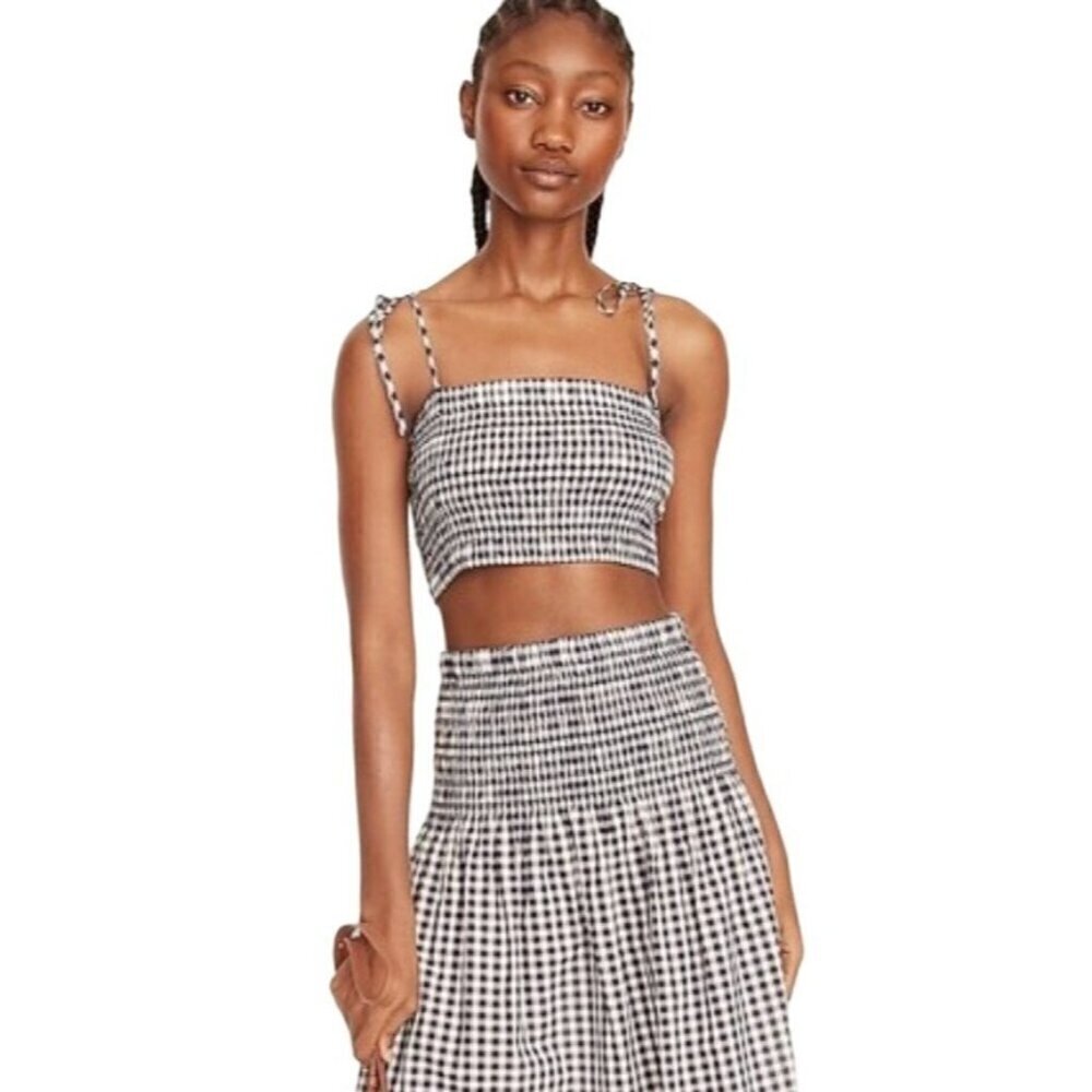 J Crew Shirt‎ Women Small Navy Blue White Cotton Gingham Smocked Cropped Top